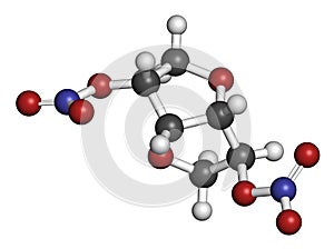 Isosorbide dinitrate ISDN vasodilator drug molecule. Used in treatment of heart related chest pain.