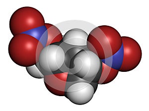 Isosorbide dinitrate ISDN vasodilator drug molecule. Used in treatment of heart related chest pain.