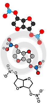 Isosorbide dinitrate (ISDN) vasodilator drug molecule. Used in treatment of heart related chest pain