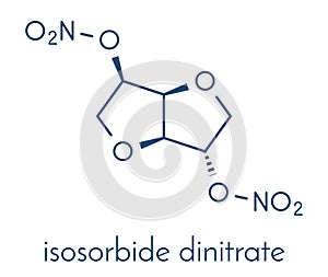 Isosorbide dinitrate ISDN vasodilator drug molecule. Used in treatment of heart related chest pain. Skeletal formula.