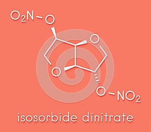 Isosorbide dinitrate ISDN vasodilator drug molecule. Used in treatment of heart related chest pain. Skeletal formula.