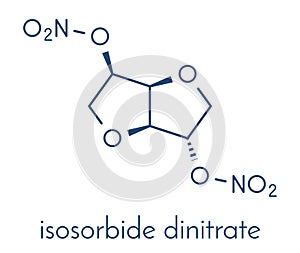 Isosorbide dinitrate ISDN vasodilator drug molecule. Used in treatment of heart related chest pain. Skeletal formula. photo