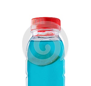 Isotonic energy drink, bottle with blue transparent liquid