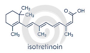 Isotretinoin acne treatment drug molecule. Known to be a teratogen causes birth defects. Skeletal formula.