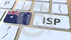 ISP or Internet Service Provider text and flag of Australia on the computer keyboard. National web access service