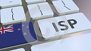 ISP or Internet Service Provider text and flag of New Zealand on the computer keyboard. National web access service