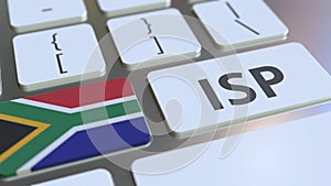 ISP or Internet Service Provider text and flag of South Africa on the computer keyboard. National web access service