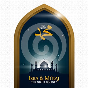 Isra & Mi`raj the night journey of prophet Muhammad poster. great mosque with holy light vector illustration for islam celebratio