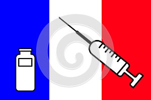 Vaccine. Design of a vaccine with its vial with the France flag in the background. Horizontal design. Smallpox. Monkeypox. photo