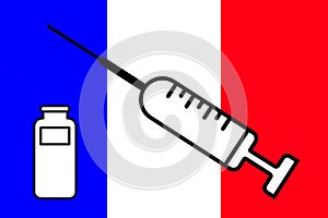 Vaccine. Design of a vaccine with its vial with the France flag in the background. Horizontal design. Smallpox. Monkeypox. photo