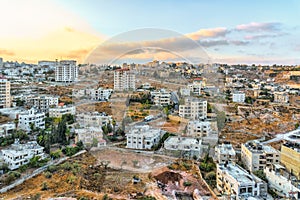 Israel Bethlehem, View from a high point of view on Bethlehem at sunrise