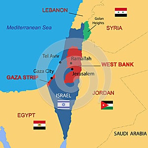 Israel country political map, including Golan Heights, West Bank and Gaza Strip. Detailed vector illustration with