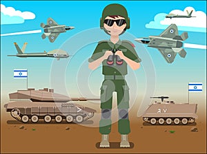 Israel defense forces army banner or poster. IDF soldier also battle tanks & jets plane in a Israel desert