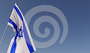 Israel flag on flagpole on blue background. Place for text. The flag is unfurling in wind. Tel Aviv, Jerusalem. 3D illustration