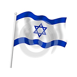 Israel flag on flagpole waving in wind. Vector isolated illustration of Israeli flag with blue hexagram, star of David