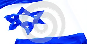 Israel flag on the isolated white background with space for text. White-blue waving Israeli flag