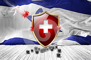 Israel flag with Metal Shiny red shield. virus protection, hygiene shield. virus Vaccine Protection aganst coronavirus, Health