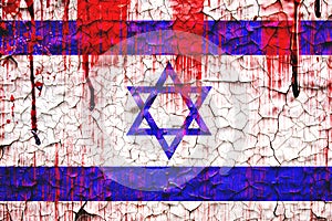 Israel flag painted over cracked concrete wall.blood effect on Israel flag. hamas israel conflict concept