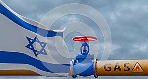 Israel gas, valve on the main gas pipeline Israel, Pipeline with flag Israel, Pipes of gas from Israel, 3D work and 3D image
