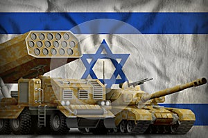 Israel heavy military armored vehicles concept on the national flag background. 3d Illustration