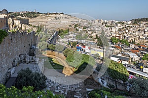 Israel-Jerusalem 12-05-2019 panoramic view of Jerusalem city, the olive mountain, streets and buildings outside the Dung gate, fro