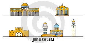 Israel, Jerusalem flat landmarks vector illustration. Israel, Jerusalem line city with famous travel sights, skyline