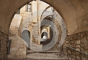 Old city hidden alleway in Jerusalem jewish quarter photo