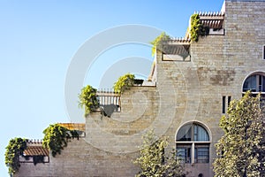 Israel jerusalem, View of the terrace shaped side of an apartment building, from a low point of view