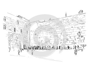 Israel. Jerusalem. Wall of Tears. Hand drawn sketch. Vector illustration.