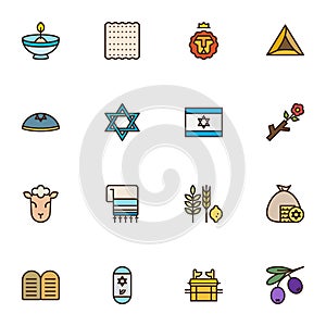 Israel, judaism related line icons set