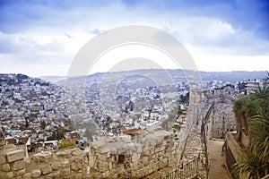 Israel landscape landmarks. Jerusalem view of the old town and t