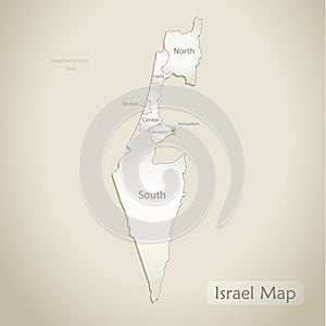 Israel map, administrative division with names, old paper background