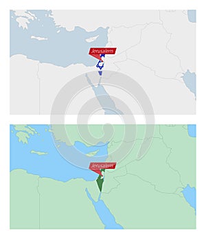 Israel map with pin of country capital. Two types of Israel map with neighboring countries