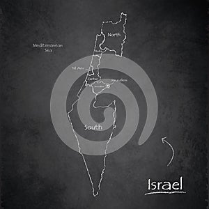 Israel map, separates regions and names, design card blackboard, chalkboard