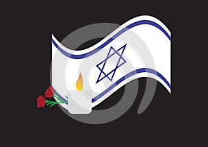 Israel Memoria lday design, Israel wavy flag, memorial candle and Red Green dam hamaccabim blood of the Maccabees flower