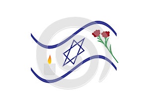 Israel Memoria lday design, Israel wavy flag, memorial candle and Red Green dam hamaccabim blood of the Maccabees flower