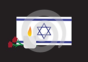 Israel Memorial day concept, Blue White Israel flag. memorial candle and dam hamaccabim blood of the Maccabees flower