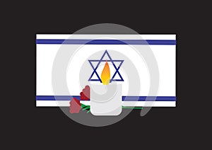 Israel Memorial day design, Blue White Israel flag. memorial candle and dam hamaccabim blood of the Maccabees flower
