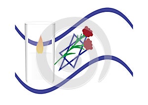 Israel Memorial day design, Israel wavy flag. memorial candle and Red Green dam hamaccabim blood of the Maccabees flower