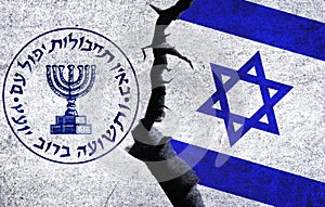 Israel and Mossad concept flags on a wall with a crack