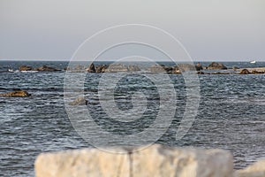 Israel, Netanya, rocks on the shore of the Mediterranean Sea