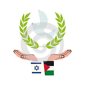 israel and palestine flags with hands protecting of peace