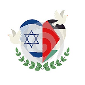 israel and palestine in heart with peace doves