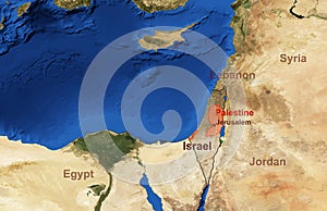 Israel and Palestine map in satellite photo