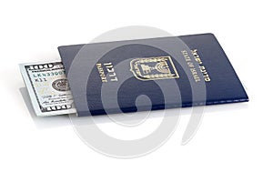 Israel passport with dollar bills on white background. Passport of Israel with American dollars on white background