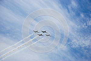 Israel`s army training airplanes in the sky at Israeli Independ