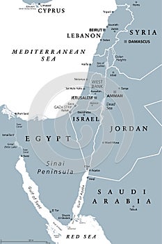 Israel and the Sinai Peninsula, the Southern Levant, gray political map photo
