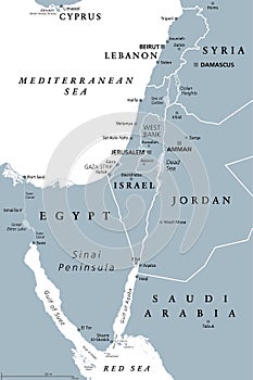 Israel and the Sinai Peninsula, the Southern Levant, gray political map