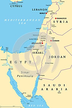 Israel and the Sinai Peninsula, the Southern Levant, political map