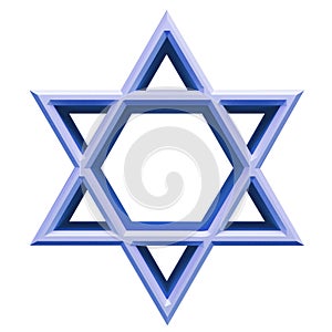 Israel star. Seal of Solomon icon. Jewish Star of David six sointed star. Isolated blue hexagram on white background. 3d